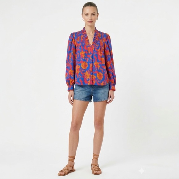 Alden Adair Oliver Top L Blue Red Floral Pleated Puff Sleeve Boho Blouse - Picture 2 of 12